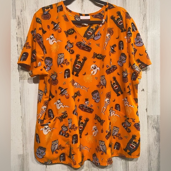 ScrubStar Orange And Black Halloween Monster Scrub Top 2X - Picture 2 of 8